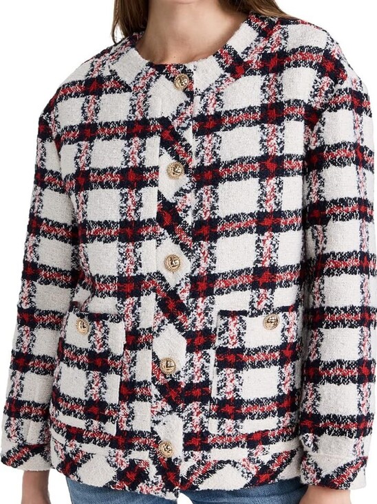 English Factory Jackets & Blazers - English Factory Plaid Boucle Jacket. Sz.S. White, Bk.& Red.26" Shoulder To Hem.